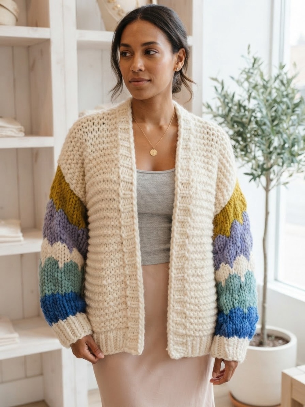 FRNCH Paris Chunky Knit Color Block Sleeve Cardigan Sweater Size Medium/Large